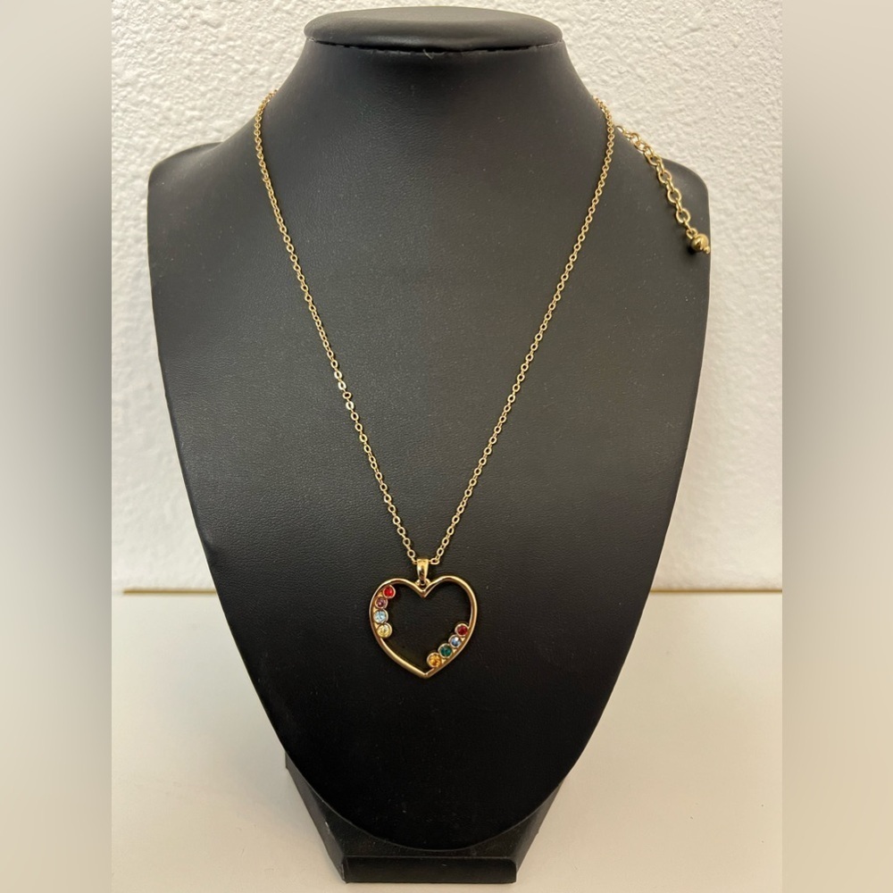 18K Gold Plated Necklace & Heart Pendant with Multi-Color Stones